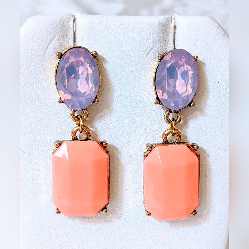 Lavender & Coral Gem Drop Earrings Gold Pierced Post Party Glam Sparkly elegant